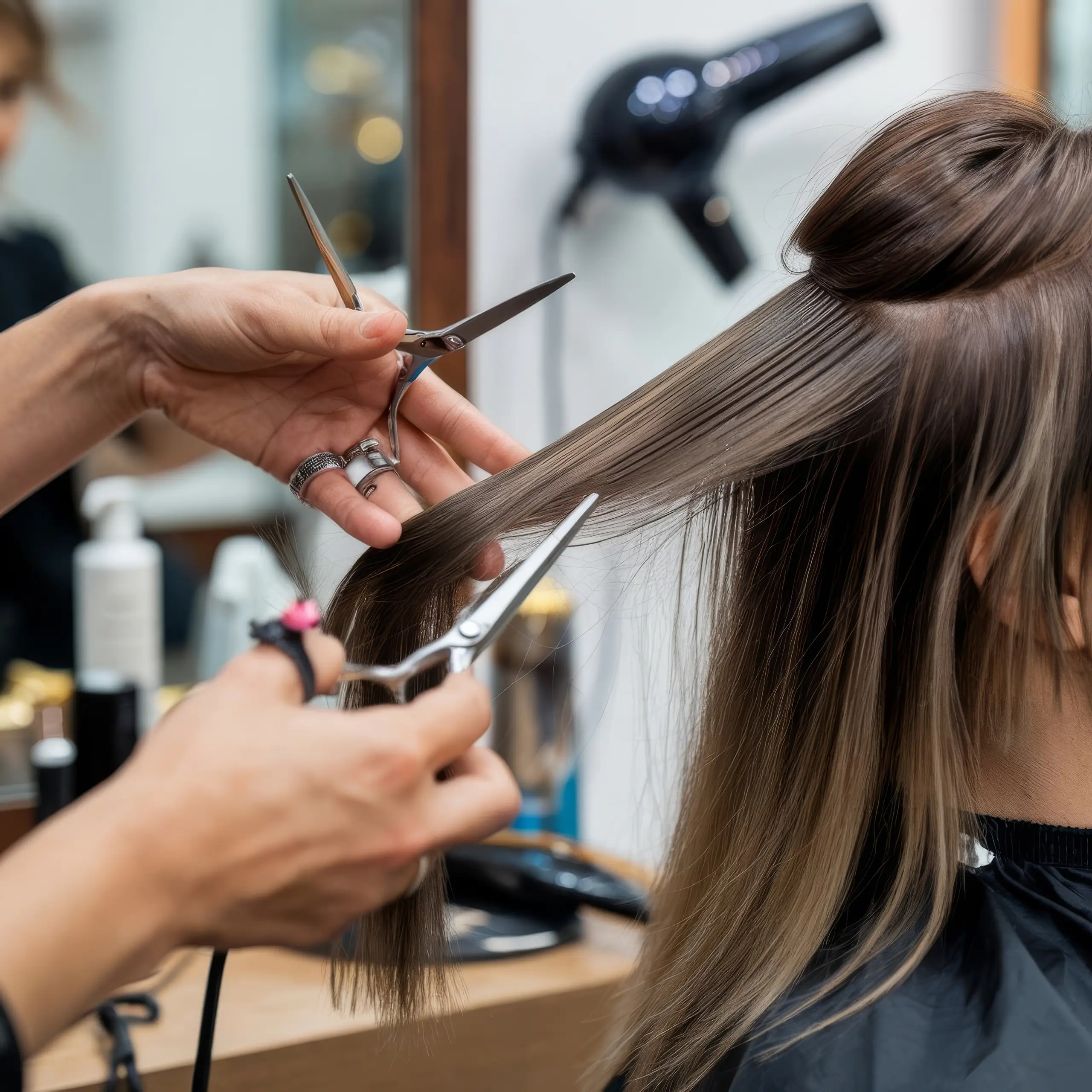 Friseurin schneidet Haare mit Schere im Salon in Stadtroda